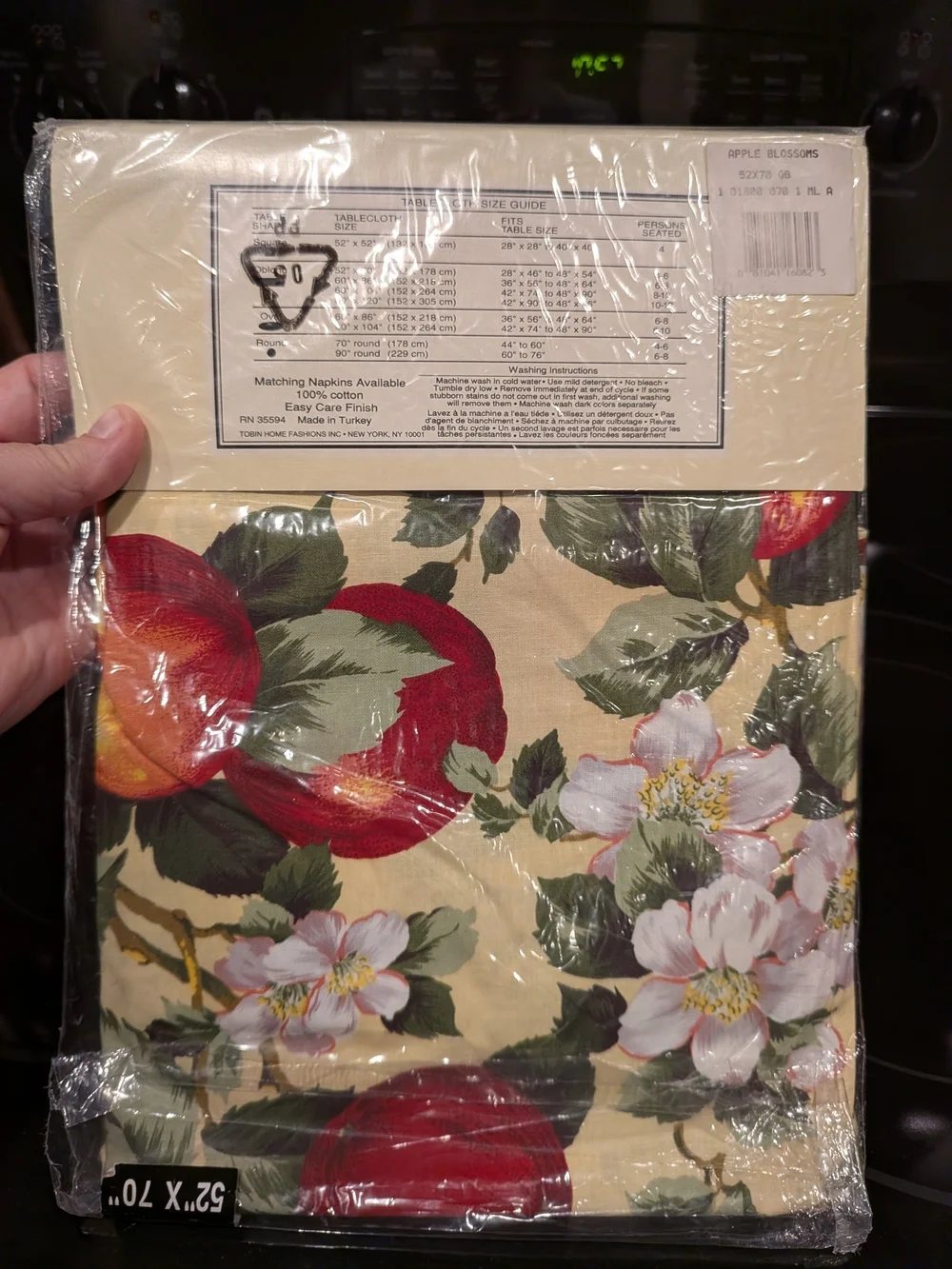 New Old Stock Apple Blossoms Cream Tablecloth with Red Apple & Green Leaf Print